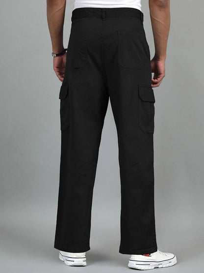 Silisoul Black Loose Fit Cotton Mid-Rise Zip Woven Trousers
