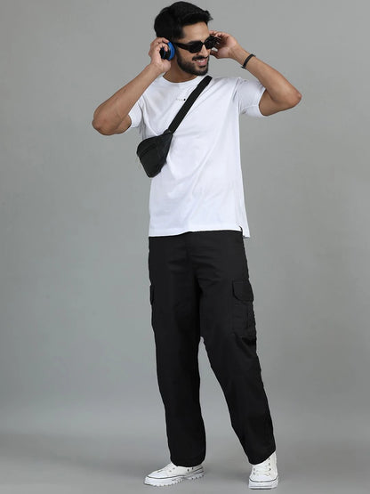 Silisoul Black Loose Fit Cotton Mid-Rise Zip Woven Trousers