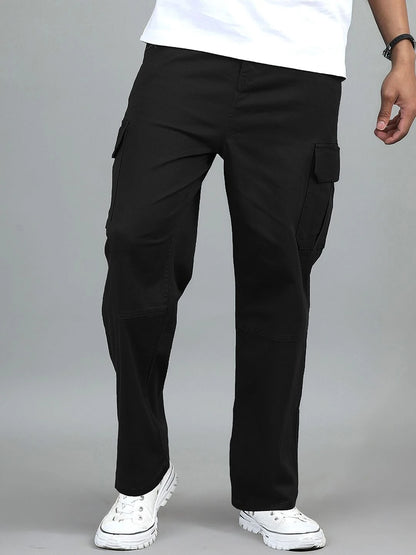 Silisoul Black Loose Fit Cotton Mid-Rise Zip Woven Trousers