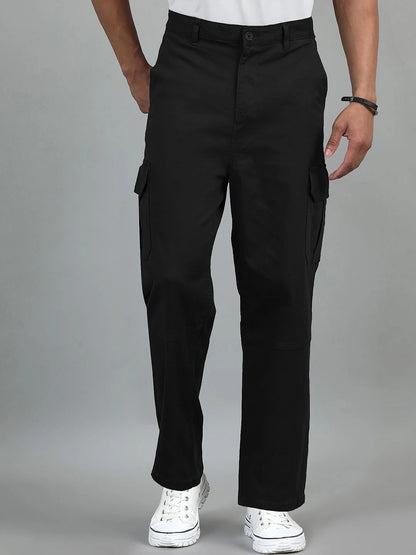 Silisoul Black Loose Fit Cotton Mid-Rise Zip Woven Trousers