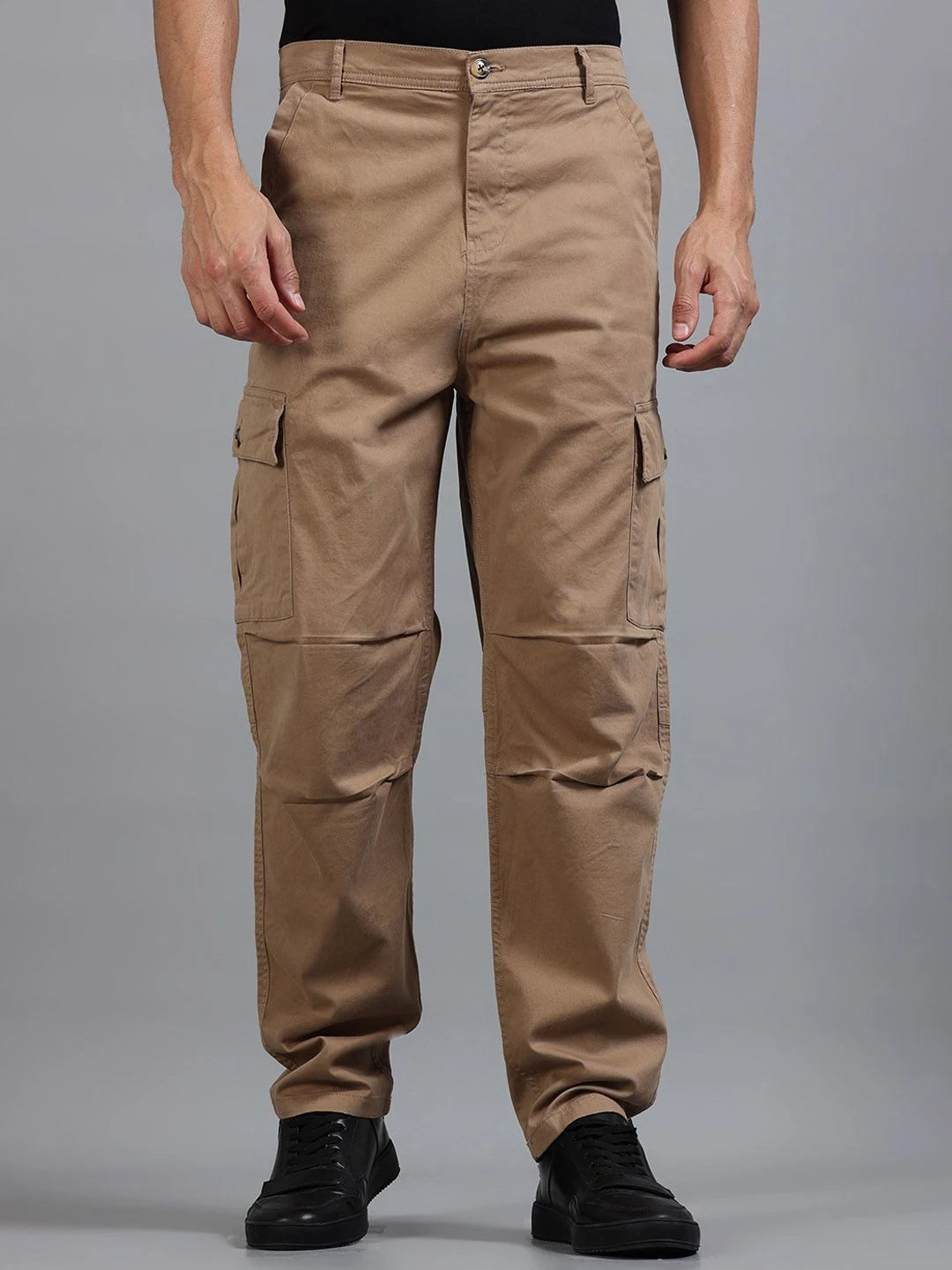 Silisoul Khaki Loose Fit Cotton Mid-Rise Button Woven Trousers