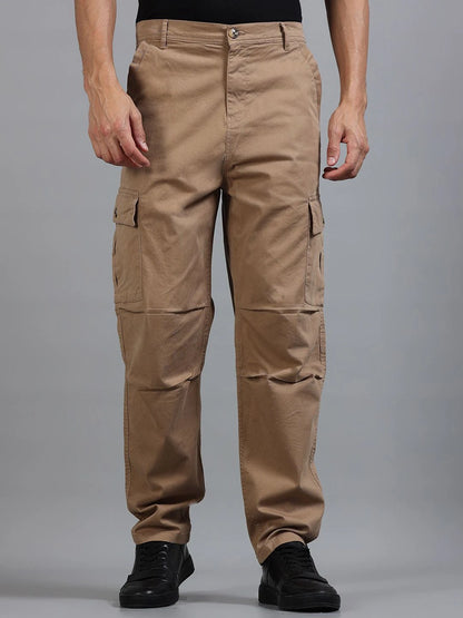 Silisoul Khaki Loose Fit Cotton Mid-Rise Button Woven Trousers