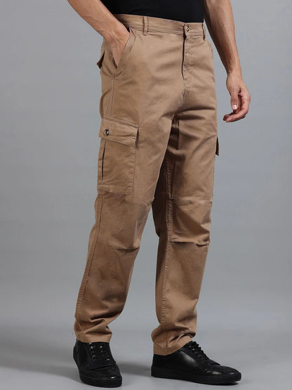 Silisoul Khaki Loose Fit Cotton Mid-Rise Button Woven Trousers