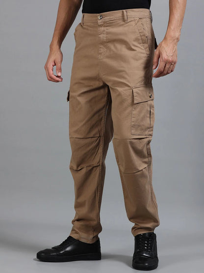 Silisoul Khaki Loose Fit Cotton Mid-Rise Button Woven Trousers
