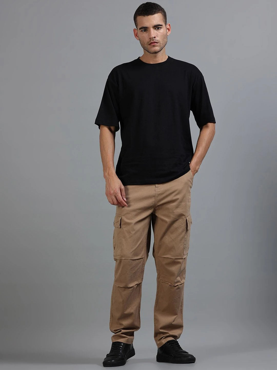Silisoul Khaki Loose Fit Cotton Mid-Rise Button Woven Trousers