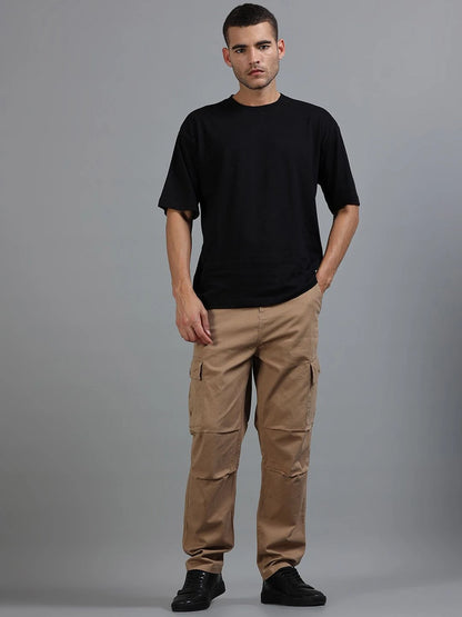 Silisoul Khaki Loose Fit Cotton Mid-Rise Button Woven Trousers