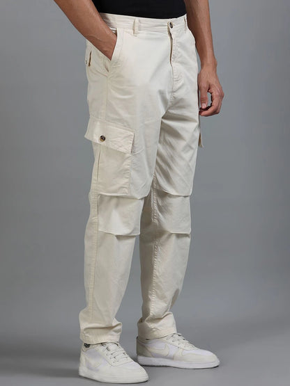 Silisoul Beige Loose Fit Cotton Mid-Rise Zip Woven Trousers