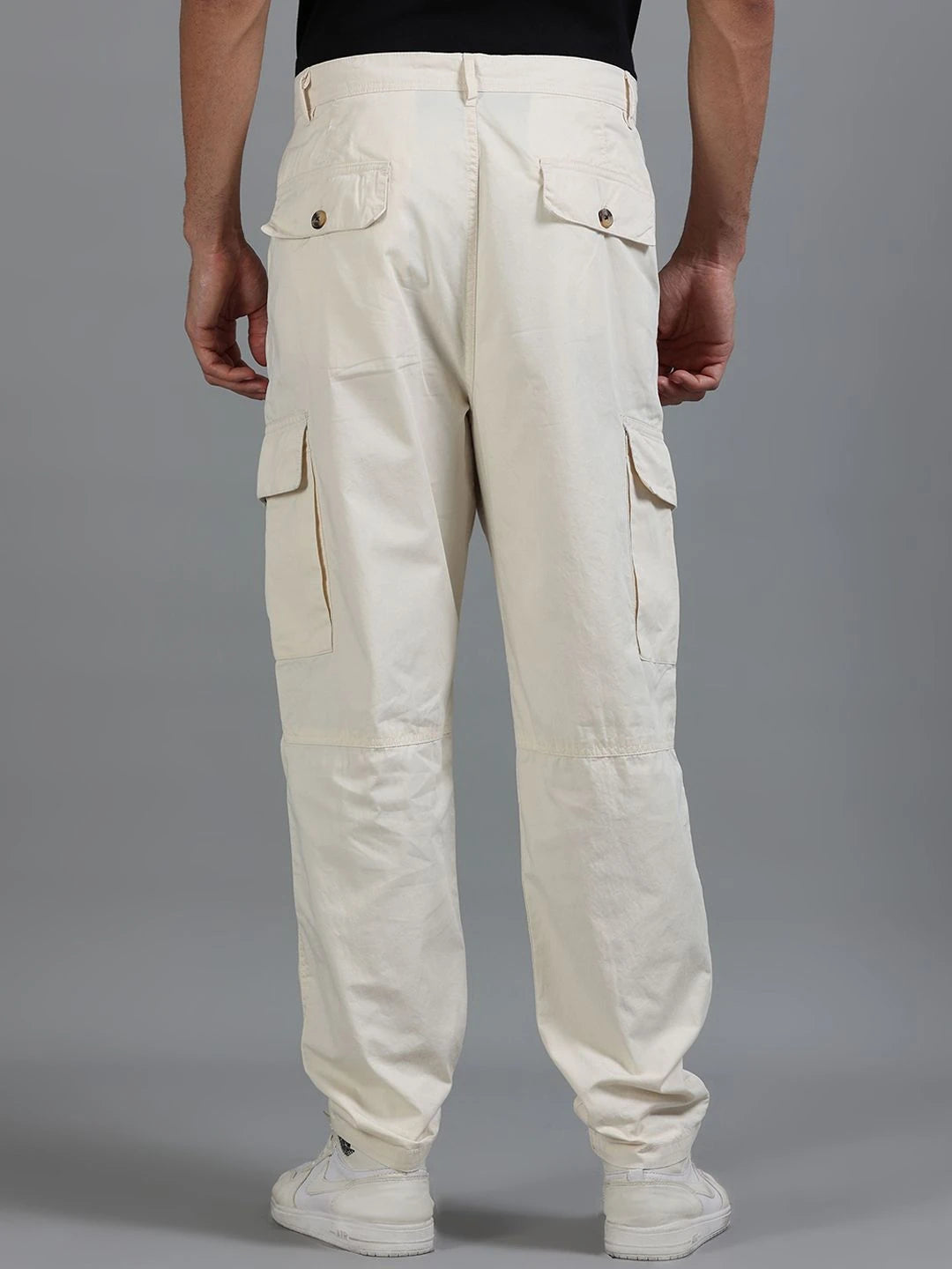 Silisoul Beige Loose Fit Cotton Mid-Rise Zip Woven Trousers
