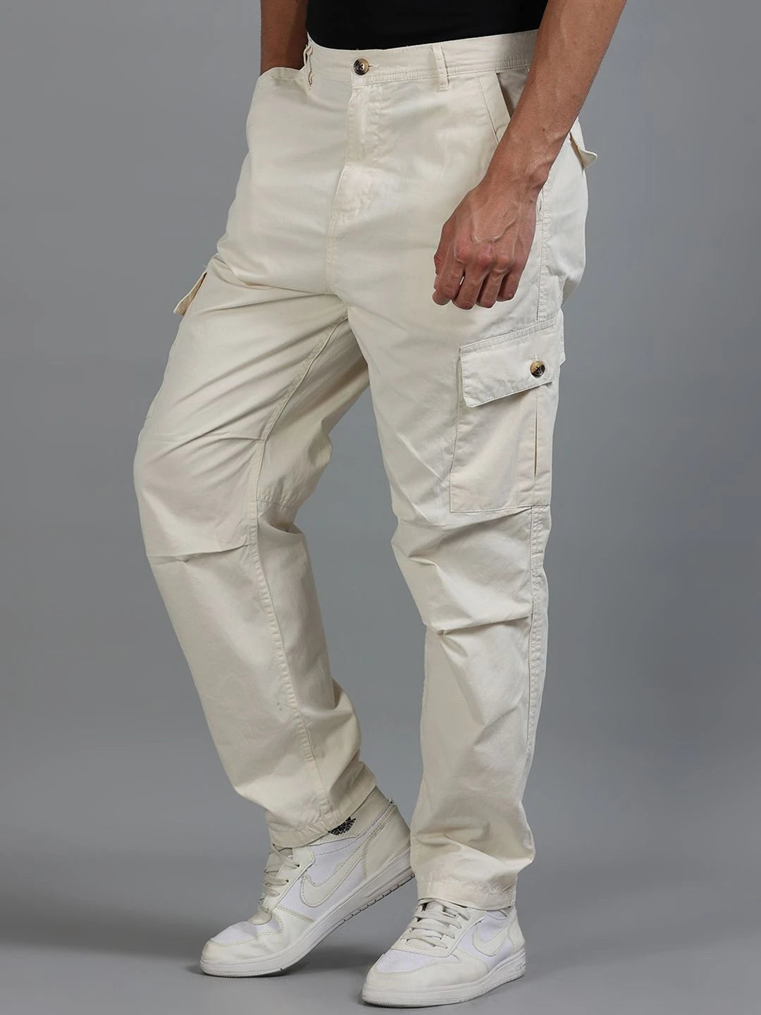 Silisoul Beige Loose Fit Cotton Mid-Rise Zip Woven Trousers