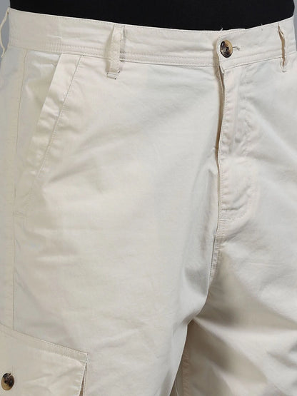 Silisoul Beige Loose Fit Cotton Mid-Rise Zip Woven Trousers