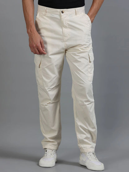 Silisoul Beige Loose Fit Cotton Mid-Rise Zip Woven Trousers