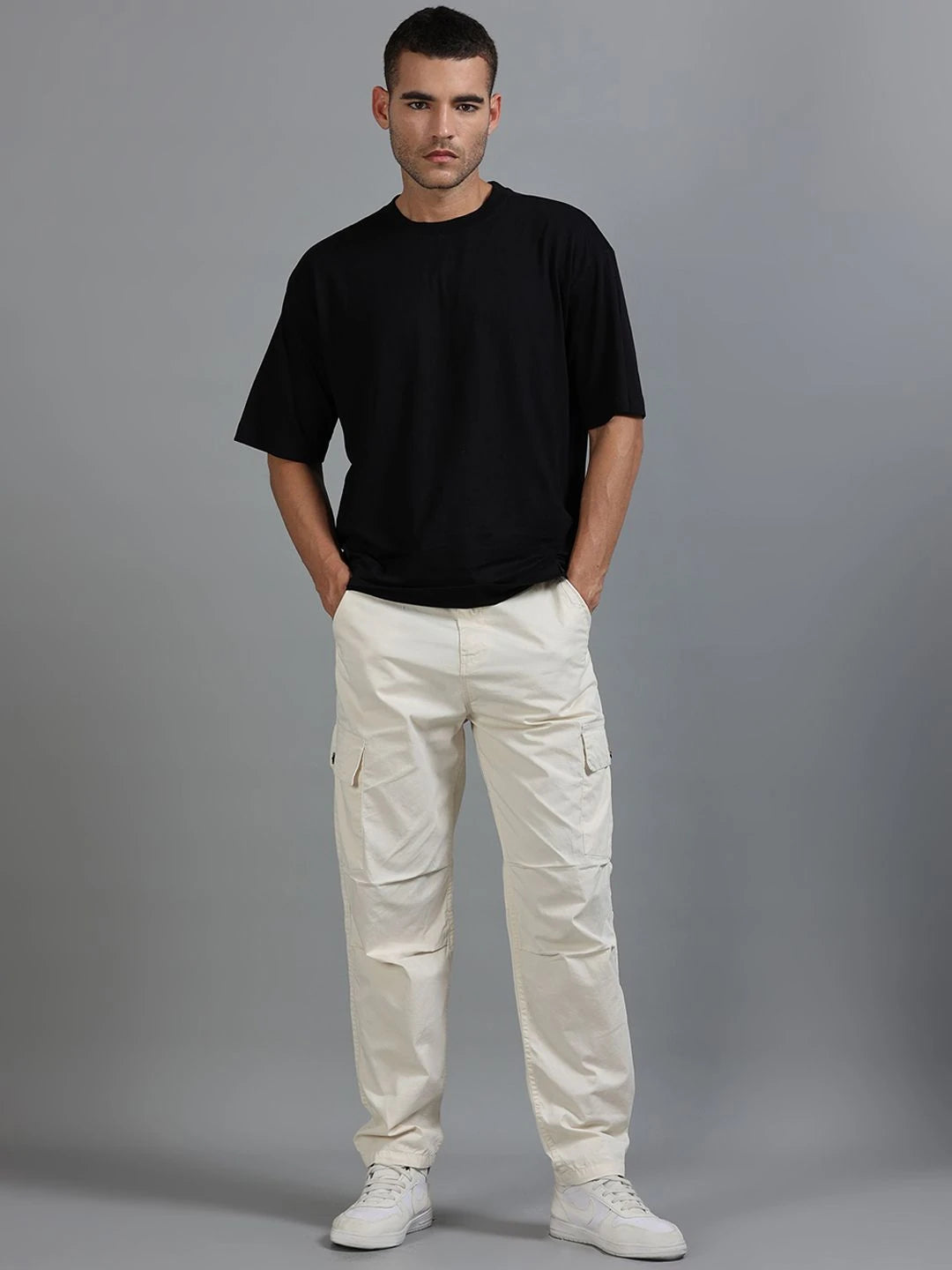 Silisoul Beige Loose Fit Cotton Mid-Rise Zip Woven Trousers