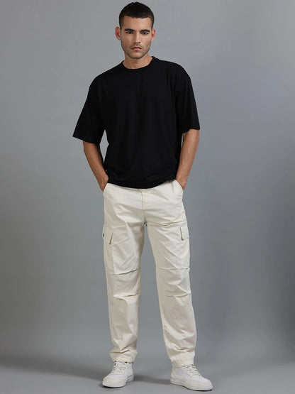 Silisoul Beige Loose Fit Cotton Mid-Rise Zip Woven Trousers