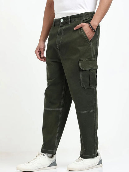 Silisoul Olive Baggy Fit Cotton Mid-Rise Zip Knitted Trousers