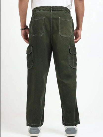Silisoul Olive Baggy Fit Cotton Mid-Rise Zip Knitted Trousers