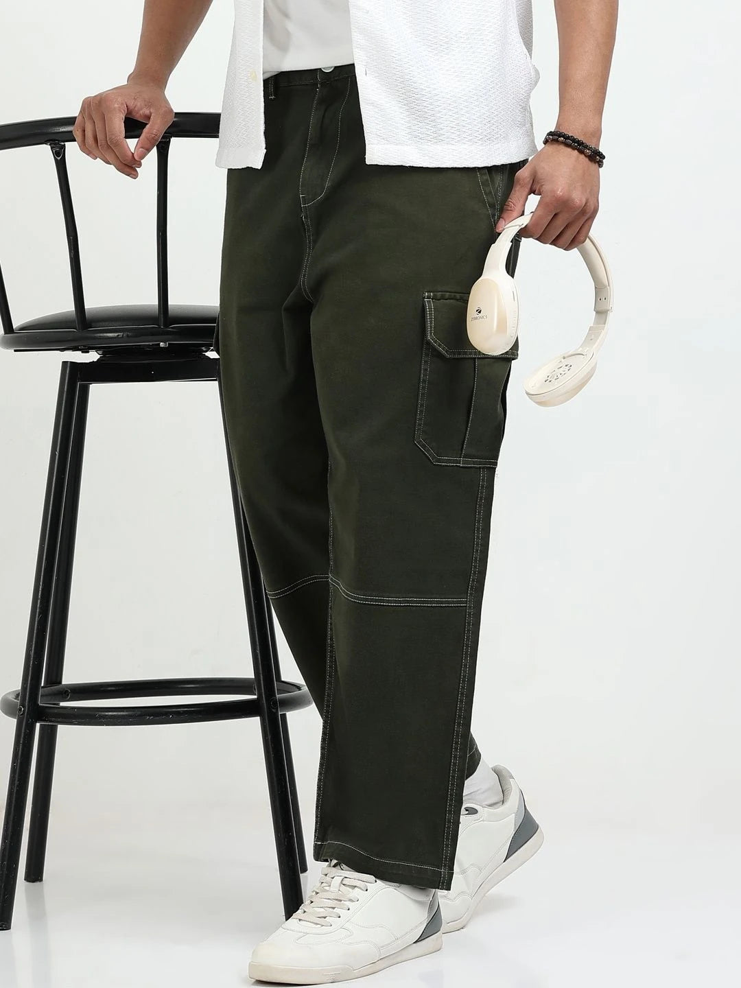 Silisoul Olive Baggy Fit Cotton Mid-Rise Zip Knitted Trousers