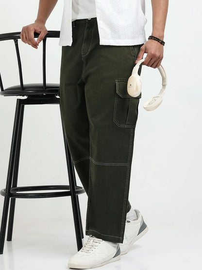 Silisoul Olive Baggy Fit Cotton Mid-Rise Zip Knitted Trousers