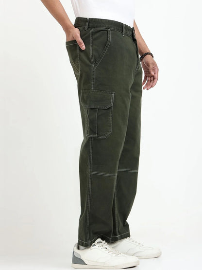 Silisoul Olive Baggy Fit Cotton Mid-Rise Zip Knitted Trousers