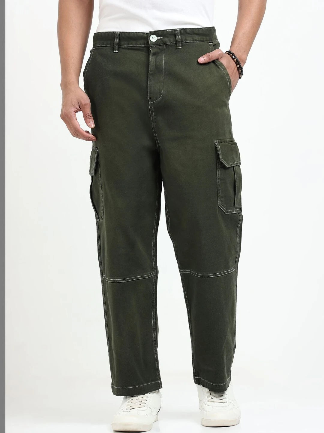 Silisoul Olive Baggy Fit Cotton Mid-Rise Zip Knitted Trousers