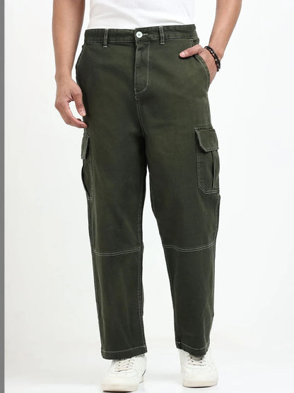 Silisoul Olive Baggy Fit Cotton Mid-Rise Zip Knitted Trousers