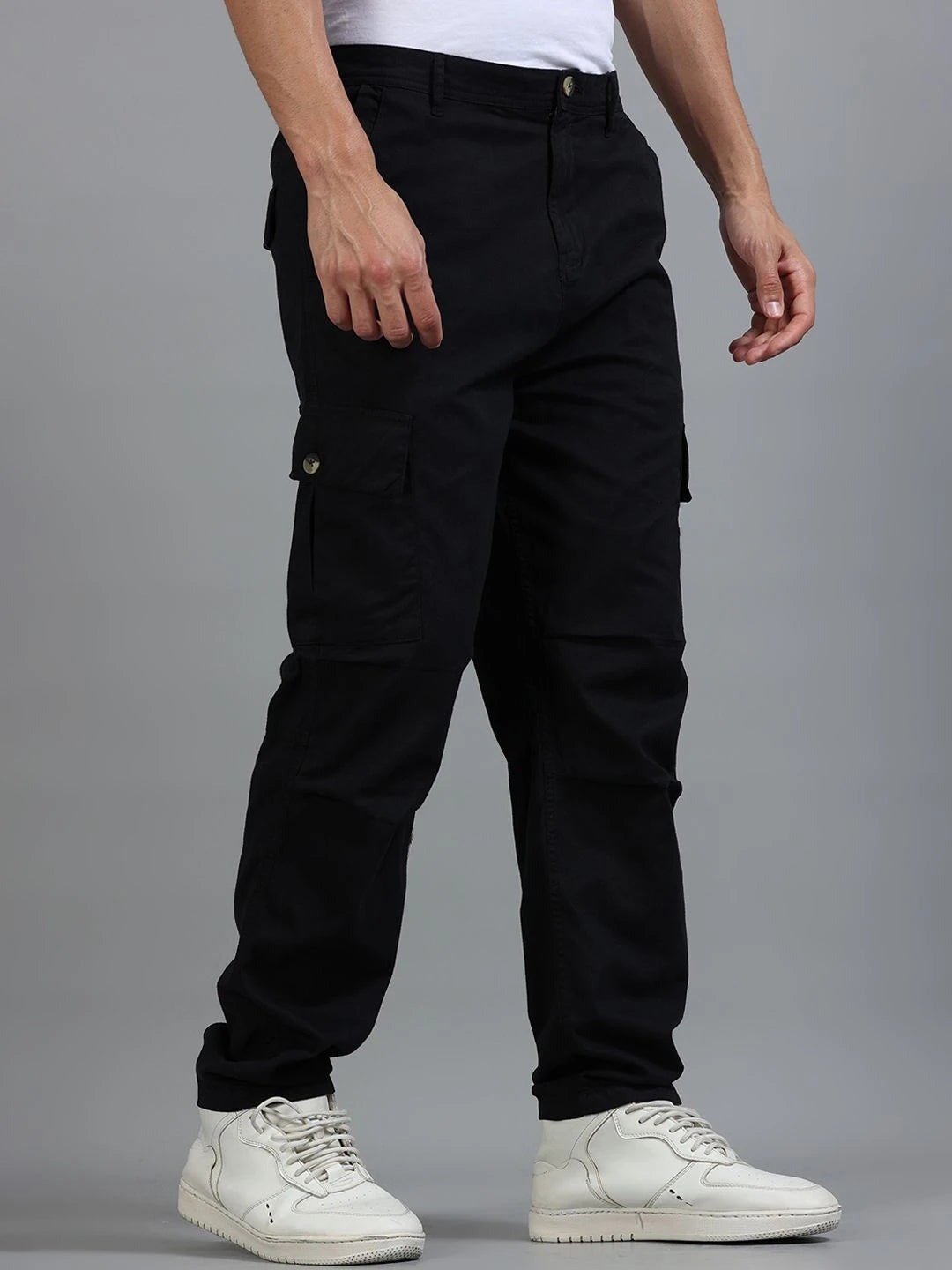 Silisoul Black Loose Fit Cotton Mid-Rise Button Woven Trousers
