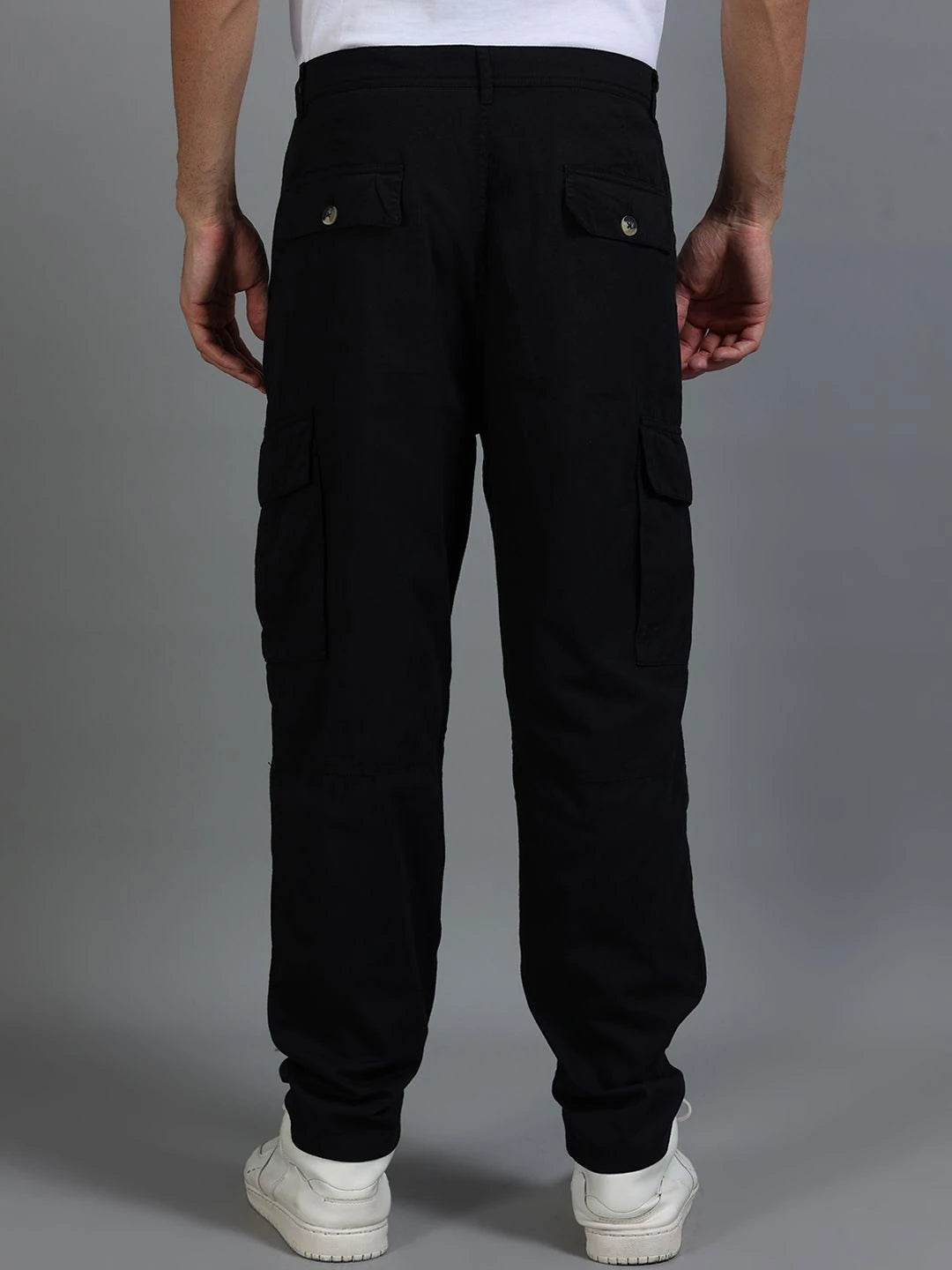 Silisoul Black Loose Fit Cotton Mid-Rise Button Woven Trousers