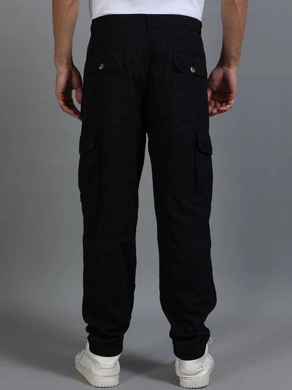 Silisoul Black Loose Fit Cotton Mid-Rise Button Woven Trousers