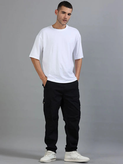 Silisoul Black Loose Fit Cotton Mid-Rise Button Woven Trousers