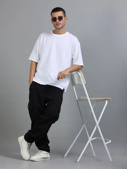 Silisoul Black Loose Fit Cotton Mid-Rise Button Woven Trousers