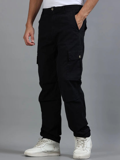 Silisoul Black Loose Fit Cotton Mid-Rise Button Woven Trousers