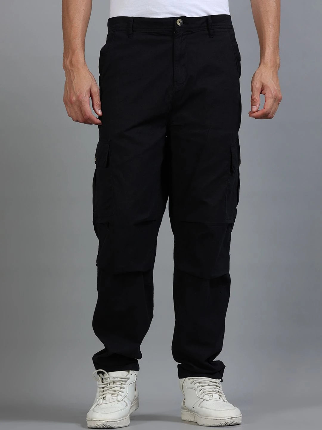 Silisoul Black Loose Fit Cotton Mid-Rise Button Woven Trousers