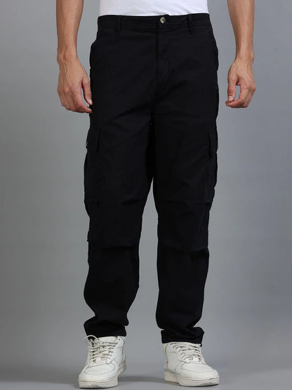 Silisoul Black Loose Fit Cotton Mid-Rise Button Woven Trousers