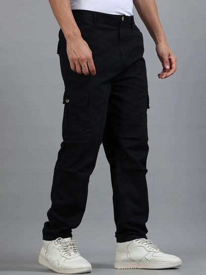 Silisoul Black Loose Fit Cotton Mid-Rise Button Woven Trousers