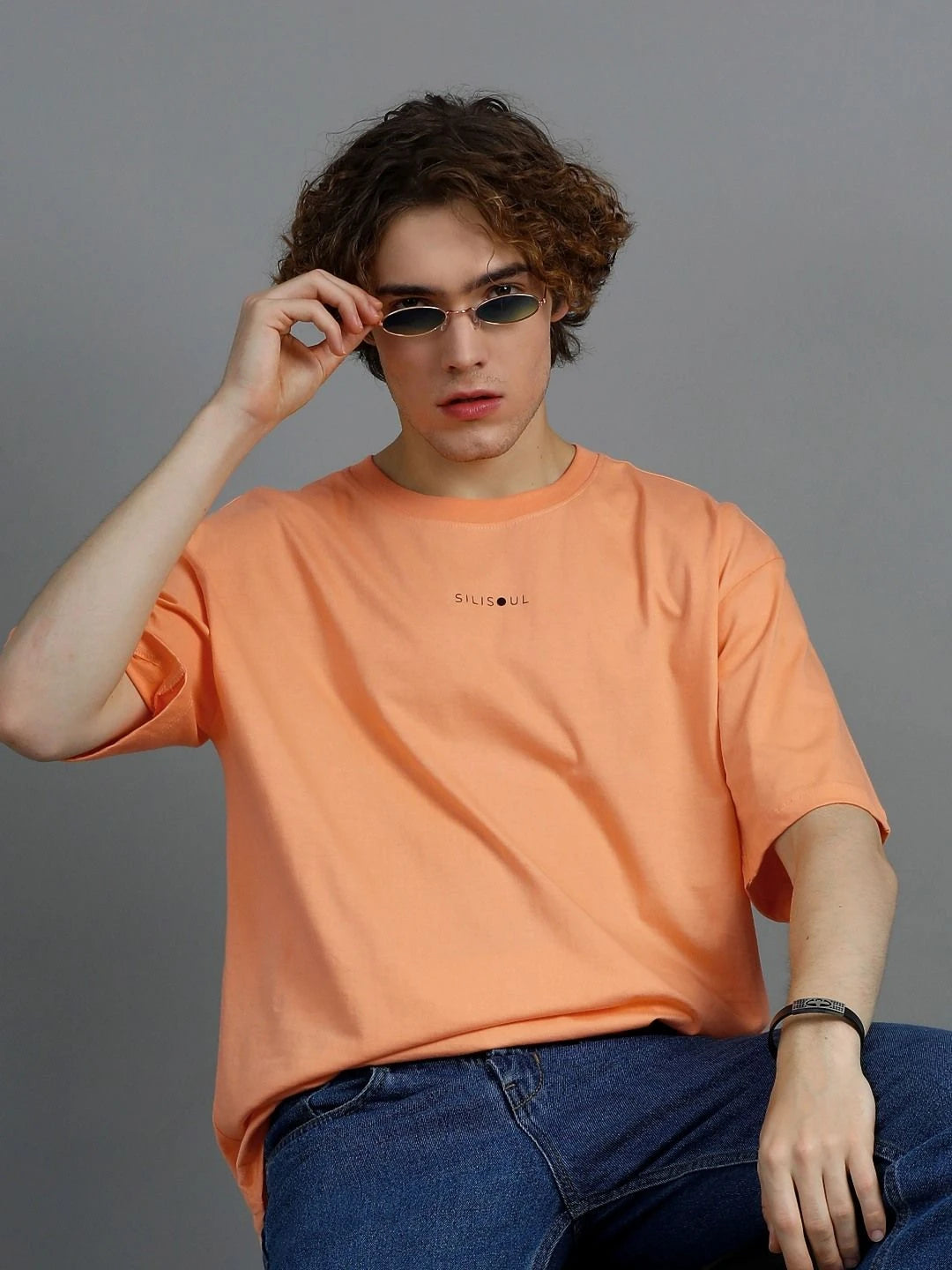 Silisoul Peach Oversized Fit Brand Logo Print Cotton T-Shirt