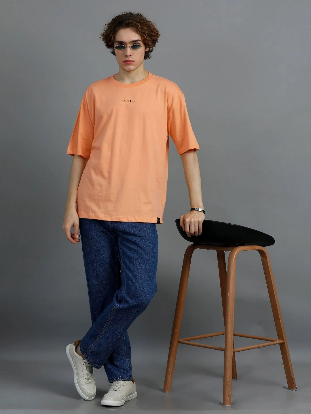 Silisoul Peach Oversized Fit Brand Logo Print Cotton T-Shirt
