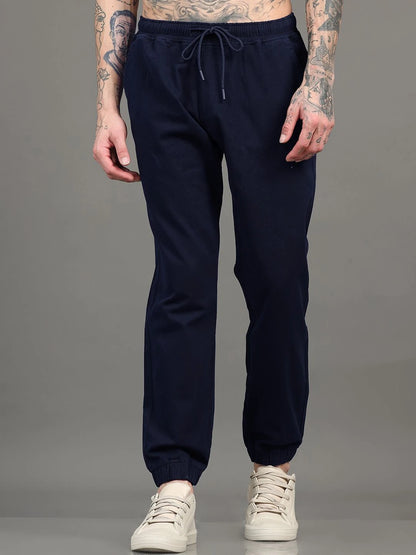 Silisoul Navy Blue Regular Fit Cotton Mid-Rise Drawstring Trousers