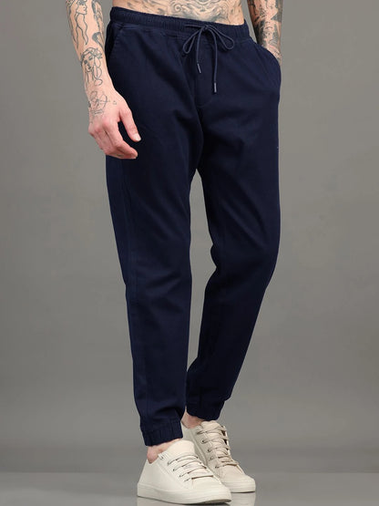 Silisoul Navy Blue Regular Fit Cotton Mid-Rise Drawstring Trousers