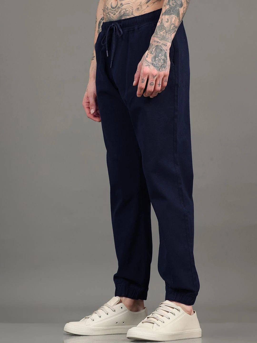 Silisoul Navy Blue Regular Fit Cotton Mid-Rise Drawstring Trousers