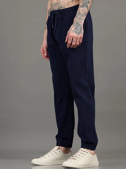 Silisoul Navy Blue Regular Fit Cotton Mid-Rise Drawstring Trousers