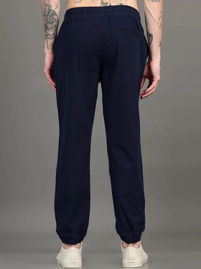 Silisoul Navy Blue Regular Fit Cotton Mid-Rise Drawstring Trousers