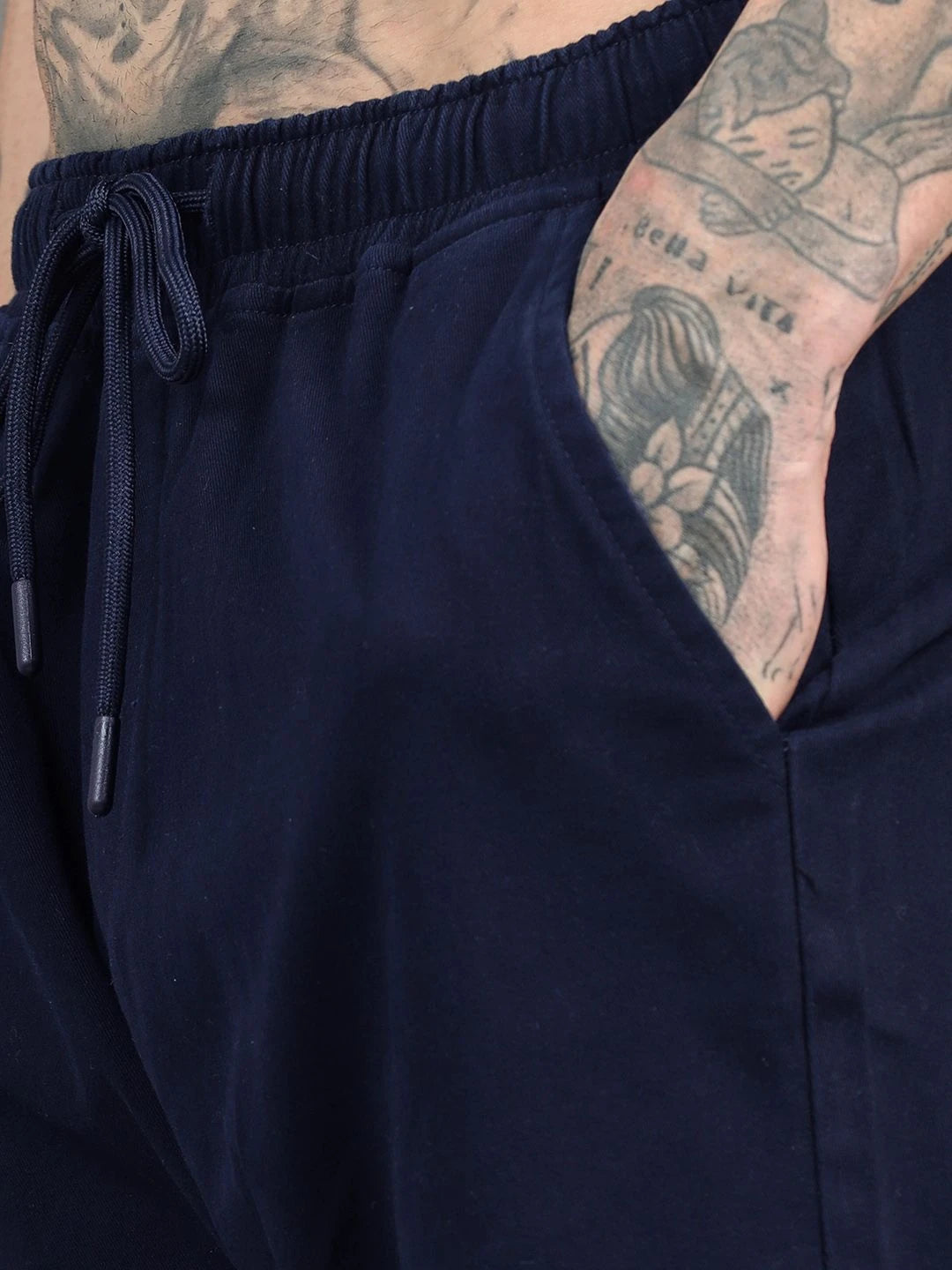 Silisoul Navy Blue Regular Fit Cotton Mid-Rise Drawstring Trousers