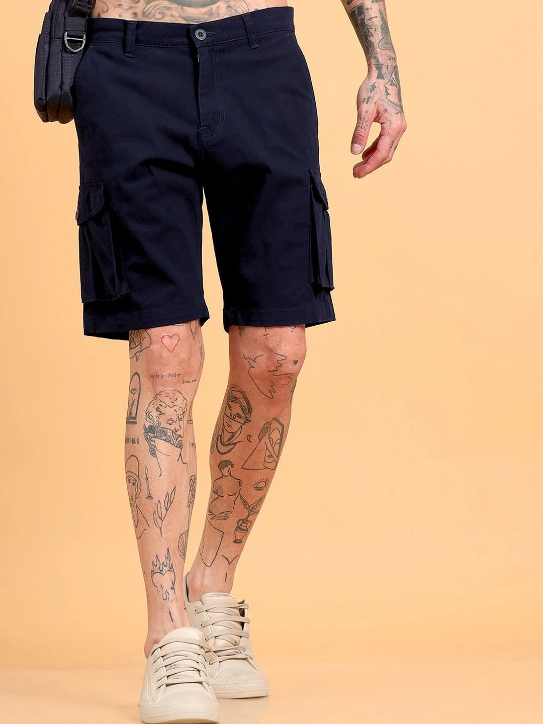 Silisoul Navy Blue Regular Fit Cotton Mid-Rise Button Shorts