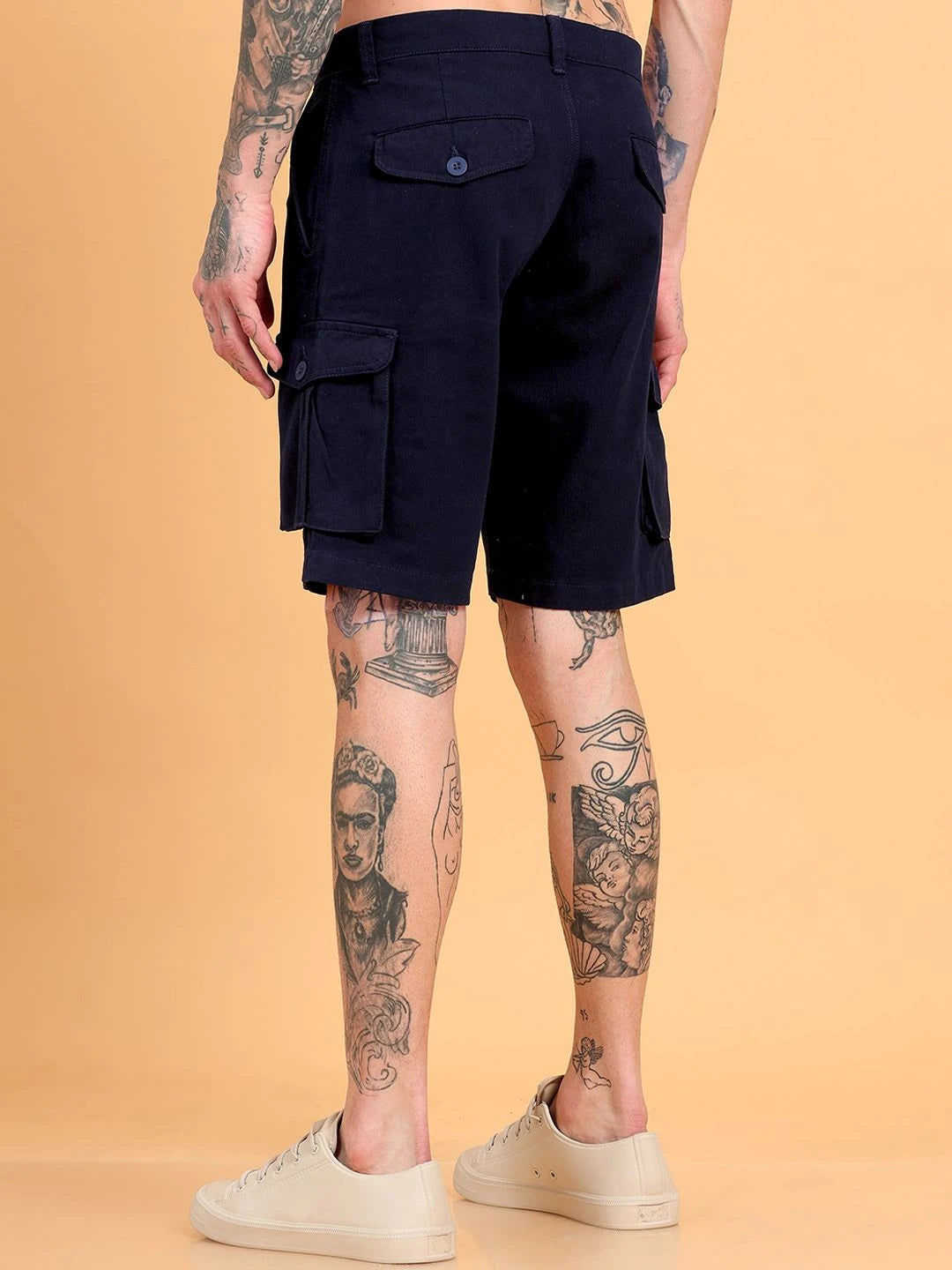 Silisoul Navy Blue Regular Fit Cotton Mid-Rise Button Shorts