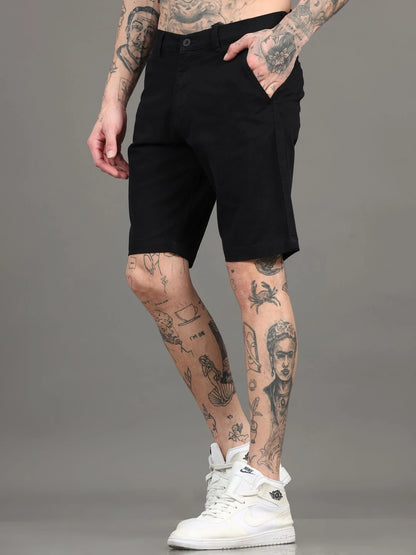 Silisoul Black Regular Fit Cotton Mid-Rise Button Shorts