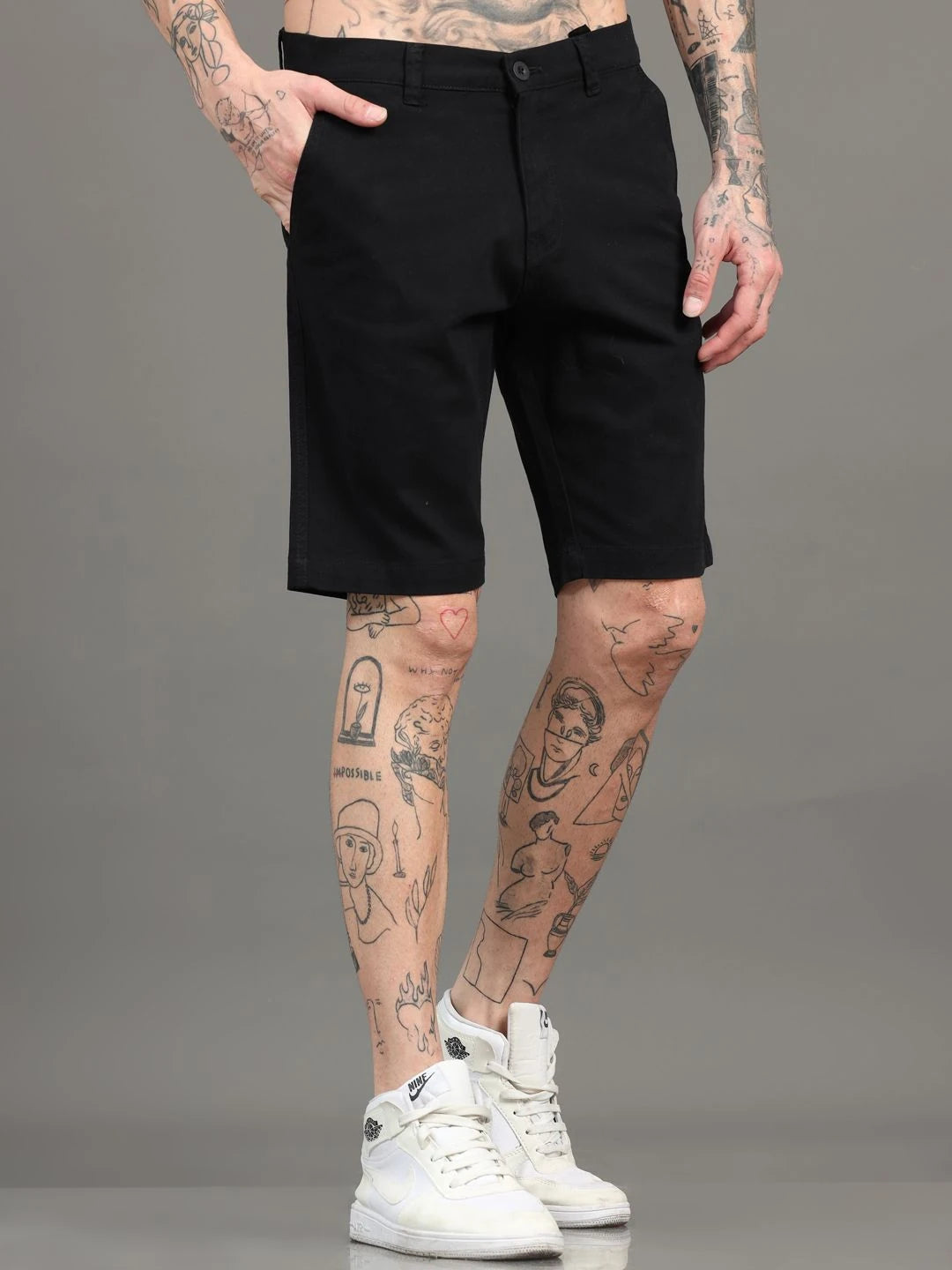 Silisoul Black Regular Fit Cotton Mid-Rise Button Shorts