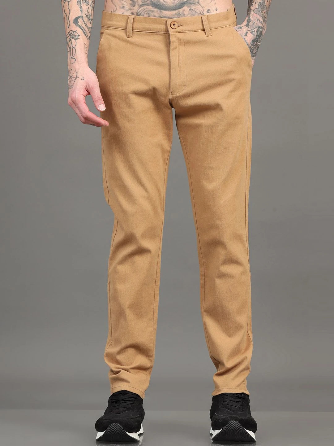 Silisoul Khaki Regular Fit Cotton Mid-Rise Button Woven Trousers