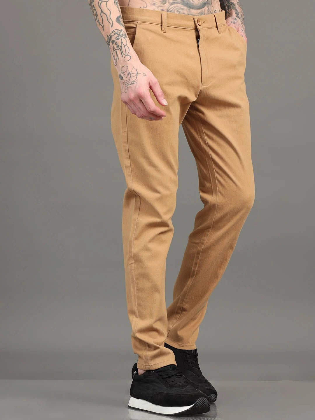 Silisoul Khaki Regular Fit Cotton Mid-Rise Button Woven Trousers