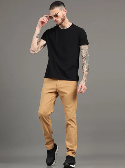 Silisoul Khaki Regular Fit Cotton Mid-Rise Button Woven Trousers