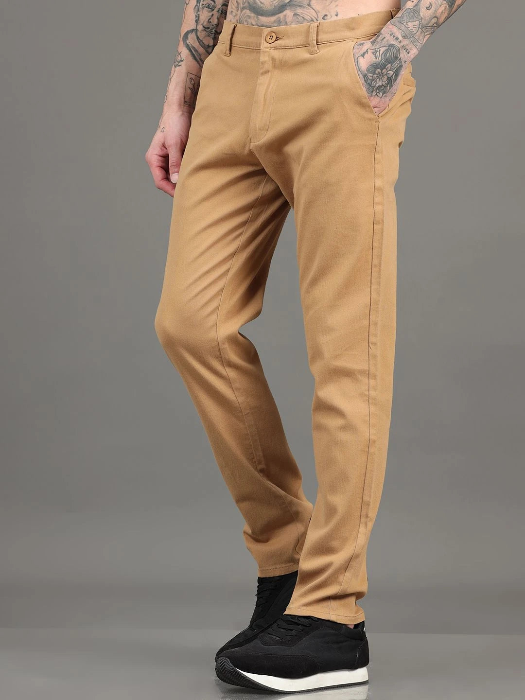 Silisoul Khaki Regular Fit Cotton Mid-Rise Button Woven Trousers