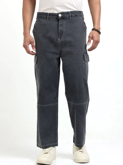 Silisoul Grey Baggy Fit Cotton Mid-Rise Zip Knitted Trousers